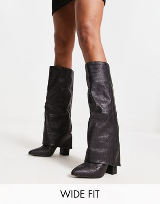 Public Desire Wide Fit Zendaya matte croc foldover knee boots in black