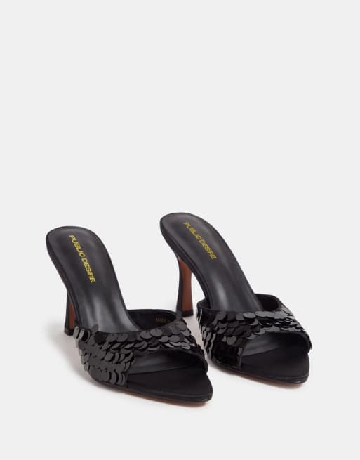 Public Desire Wide Fit Zorya heeled mule sandals in black sequins, 6 of 8