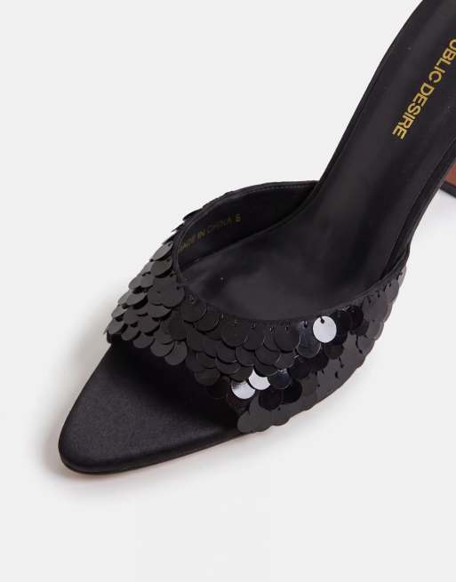 Public Desire Wide Fit Zorya heeled mule sandals in black sequins, 7 of 8