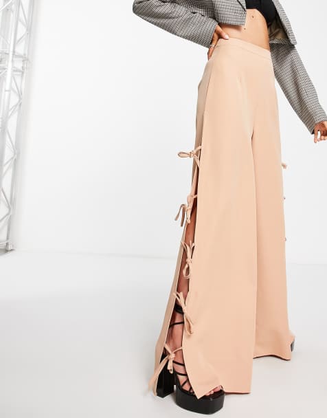 Public Desire wide leg tie side trousers in stone - view 1