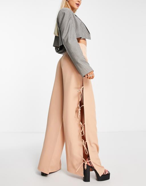 Public Desire wide leg tie side trousers in stone, 2 of 4