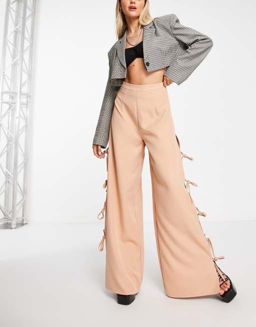 Public Desire wide leg tie side trousers in stone, 3 of 4