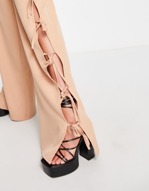 Public Desire wide leg tie side trousers in stone, 4 of 4