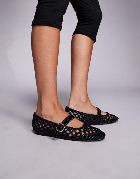 Public Desire Winoma buck detail strap woven ballet pump in black - view 1