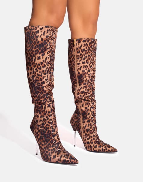 Public Desire Witchcraft lace up knee high boots in leopard - view 1