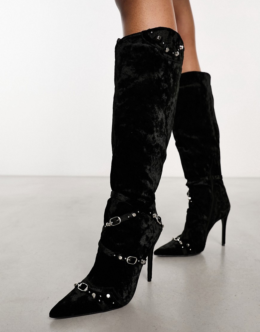 Public Desire Worthy Buckle Detail Heeled Boots In Black Velvet