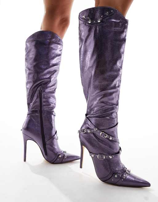 Public Desire – Worthy – Lila, metalliska, knähöga klackboots, 4 av 4