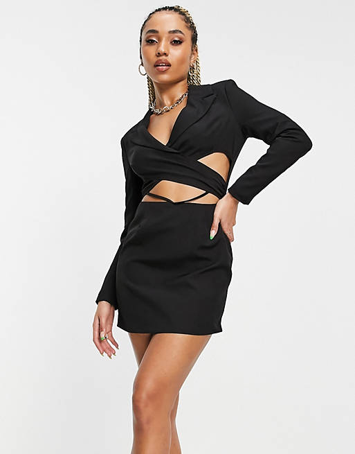 Public Desire x Amber Gill - Cropped blazerjurk met overslagdetail en verlaagde taille in zwart