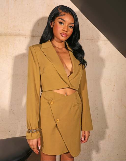 Public Desire x Kenza - Cropped boxy blazer in kaki, deel van co-ord set