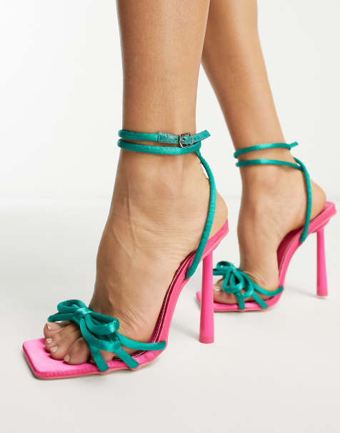 Public Desire x Paris Artiste Exclusive Lovegames contrast bow detail sandals in pink and green - view 1