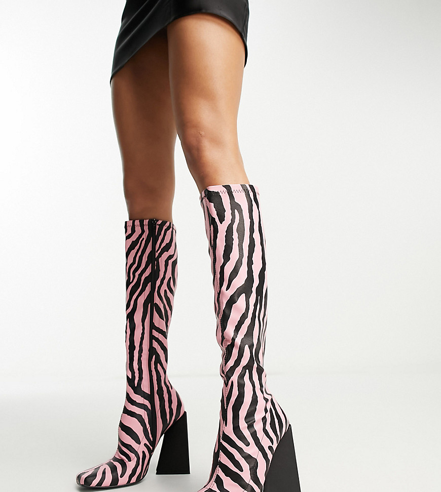 Public Desire X Paris Artiste Exclusive Peggy Heeled Knee Boots In Purple Zebra Print