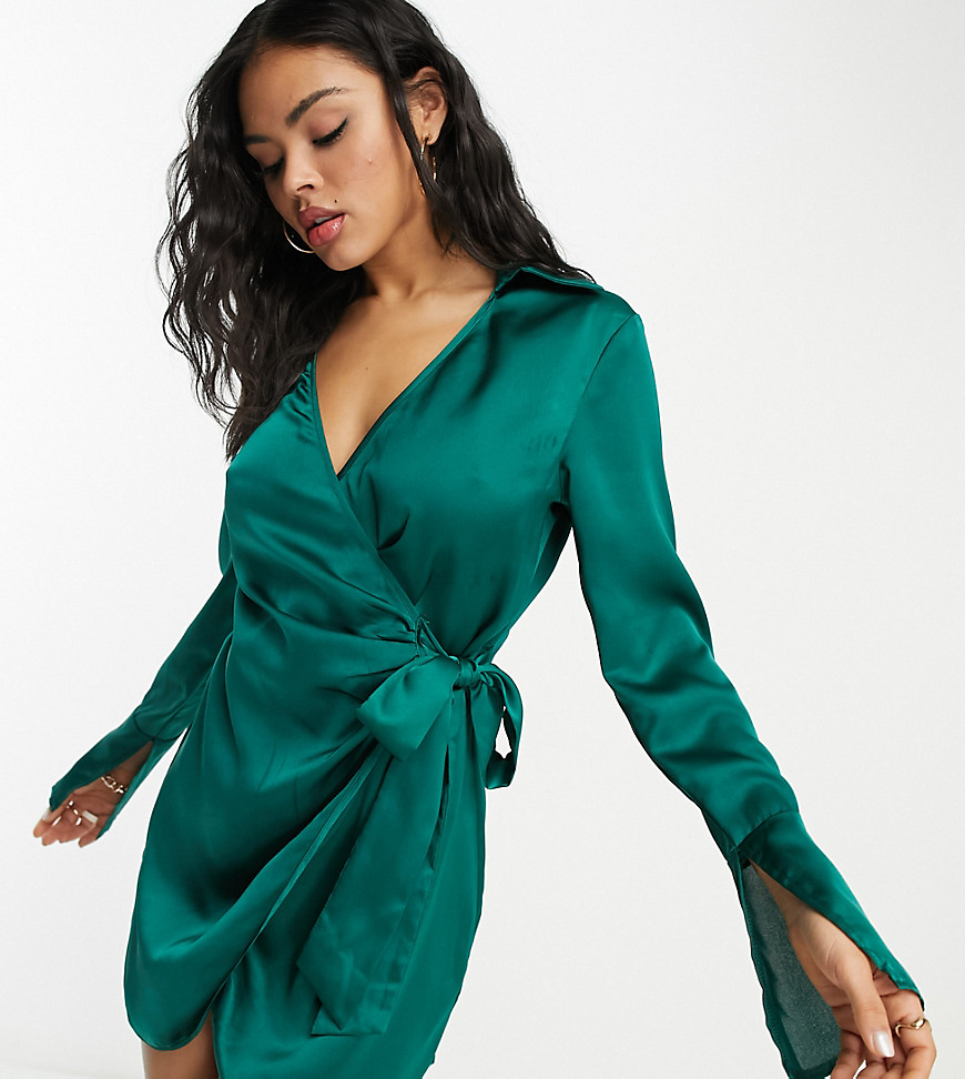 Public Desire x Paris Artiste Exclusive satin wrap shirt dress with split sleeve detail in emerald g