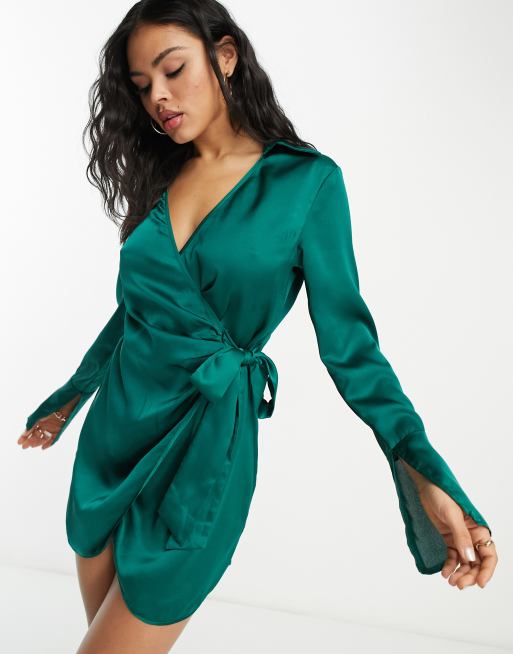 Public Desire x Paris Artiste Exclusive satin wrap shirt dress with split sleeve detail in emerald green