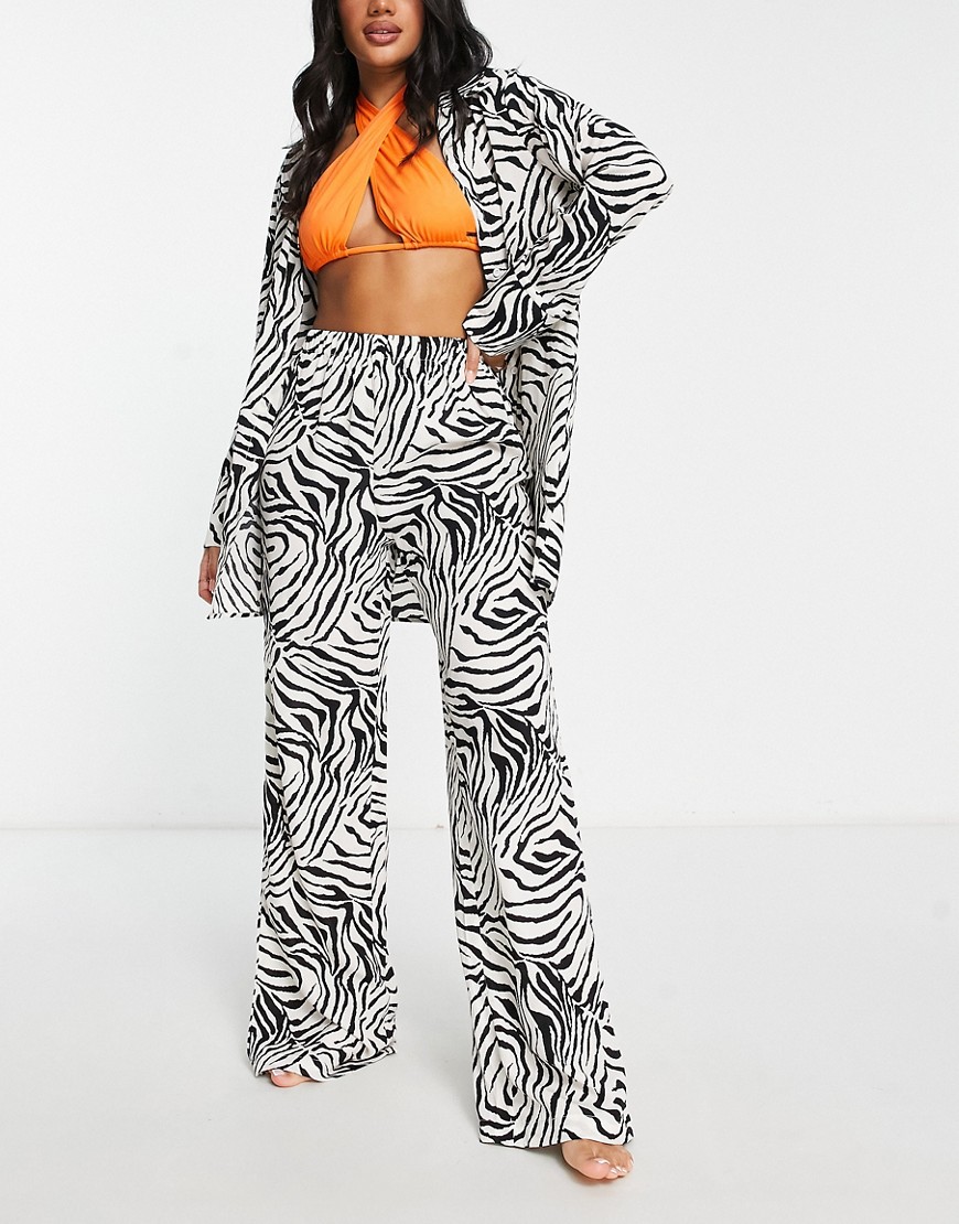 Public Desire zebra chiffon beach trousers co-ord in black and white-Multi