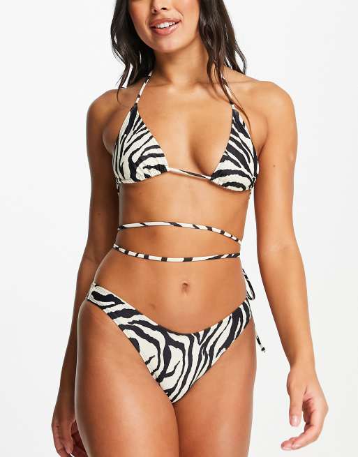 Public Desire zebra tie waist bikini top in black and white