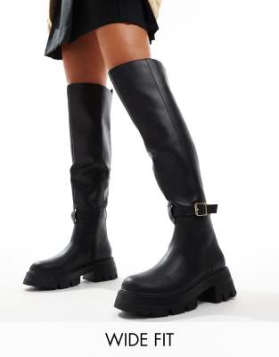 Public Desire - Zelda - Overknee-Stiefel in Schwarz mit Tasche und dicker Sohle, weite Passform