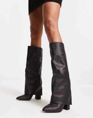 Public Desire Zendaya matte croc foldover knee boots in black