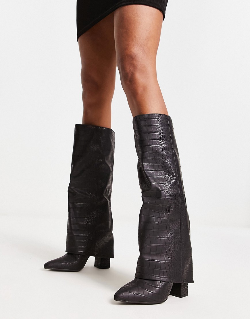 Public Desire Zendaya matte croc foldover knee boots in black