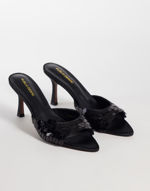 Public Desire Zorya heeled mule sandals in black sequins, 2 of 4