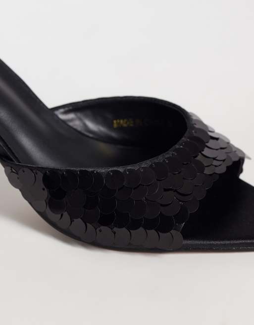 Public Desire Zorya mulesandaler med klack i svarta paljetter, 3 av 4
