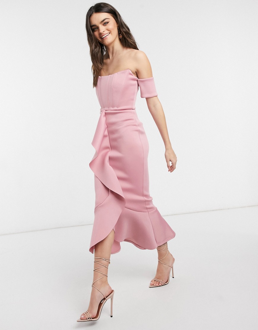 Пудровое платье миди с вырезом лодочкой, корсетом и юбкой годе True Violet Exclusive-Розовый цвет