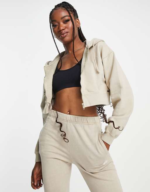 Pul&Bear - Felpa corta con cappuccio e zip color sabbia in coordinato