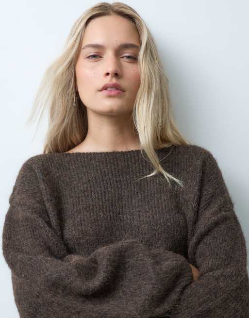 Pull ample en maille à épaules dénudées marron, 4 de 4
