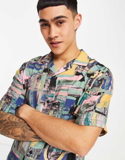 Pull Bear Overhemd in multi print in roze en blauw