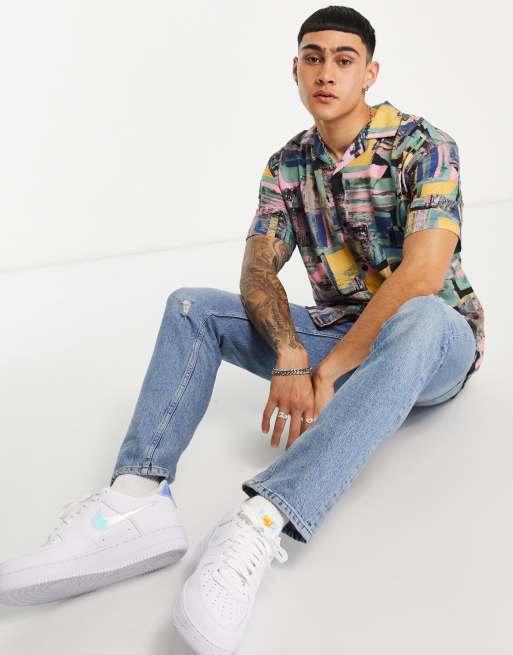 Pull Bear Overhemd in multi print in roze en blauw
