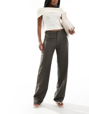 Pull & Bear Smart High Waist Straight Leg Pants In Taupe Brown
