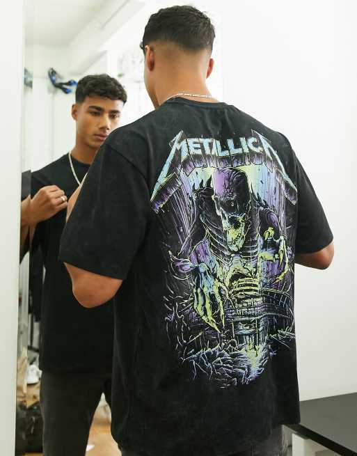 Pull& Bear - T-shirt i sort syrevask med Metallica-print
