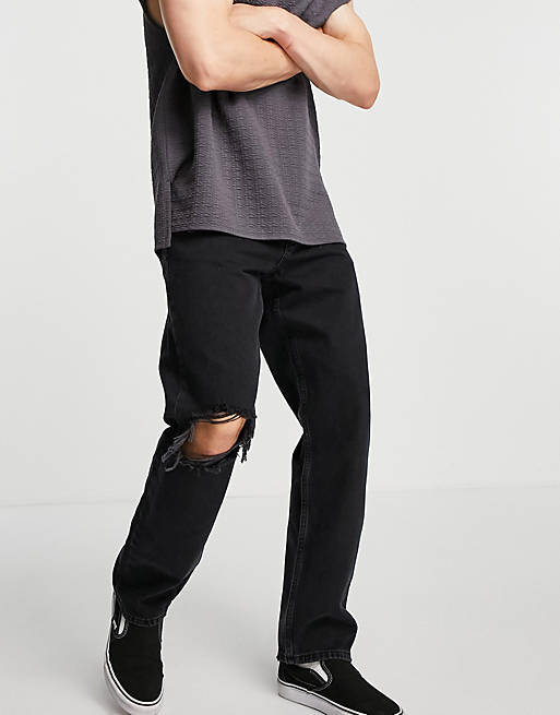 Pull & Bear wide leg jeans with rips in black