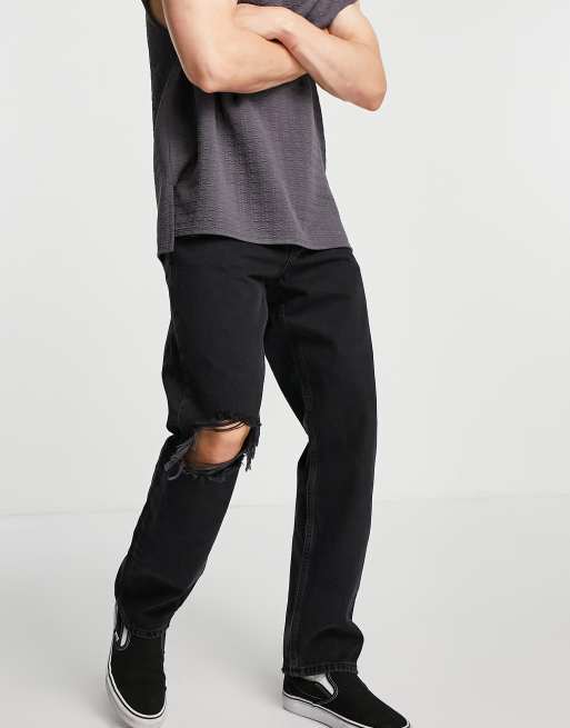 Pull & Bear wide leg jeans with rips in black ASOS