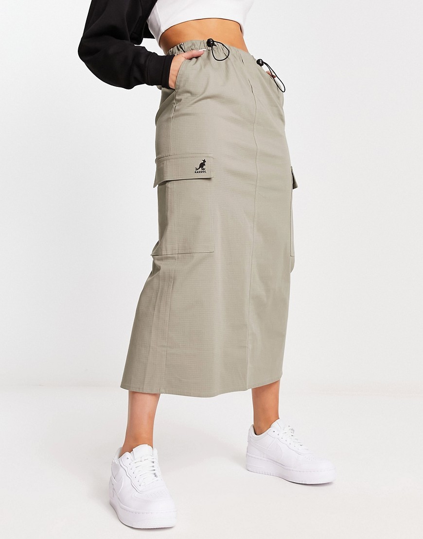Pull & Bear X Kangol midi cargo skirt with toggles in khaki-Green