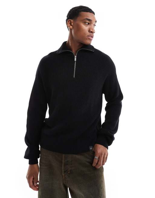 Pull&Bear 1/4 zip knitted sweater in black