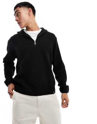Pull&Bear 1/4 zip ribbed knitted jumper in black