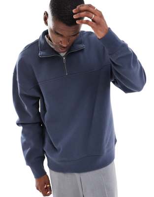 Pull & Bear 1/4 Zip Sweatshirt In Dark Blue