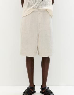 Pull & Bear 100% Linen Baggy Bermuda Shorts In Neutral