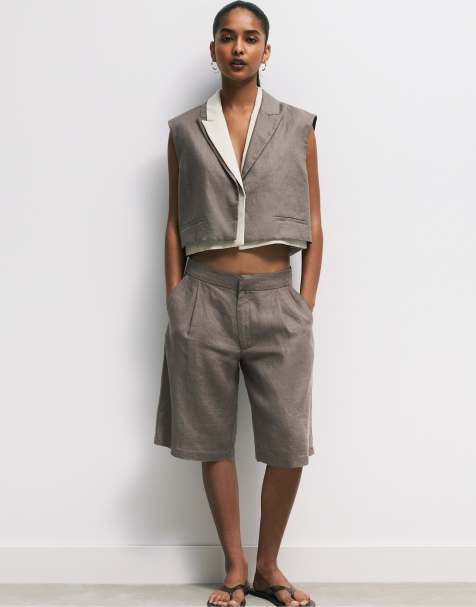 Pull&Bear 100% linen bermuda shorts in taupe