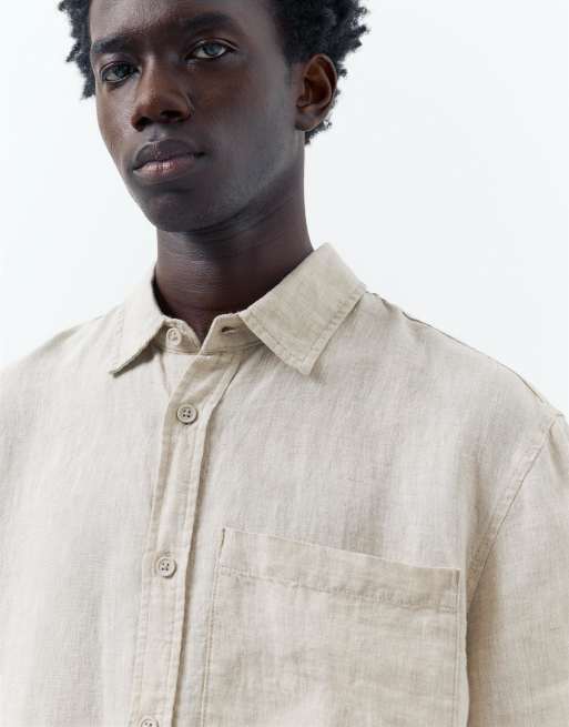 Pull&Bear 100% linen short sleeve shirt in beige, 3 of 4