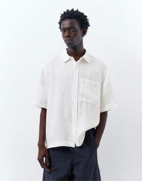 Pull&Bear 100% linen short sleeve shirt in off white - view 1