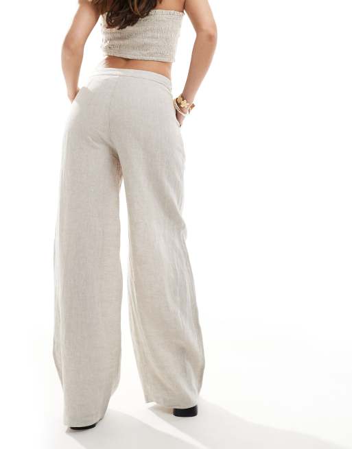 Pull&Bear linen tie waist detail pants in white