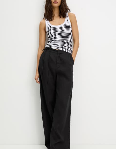 Pull&Bear 100% linen trousers in black - view 1