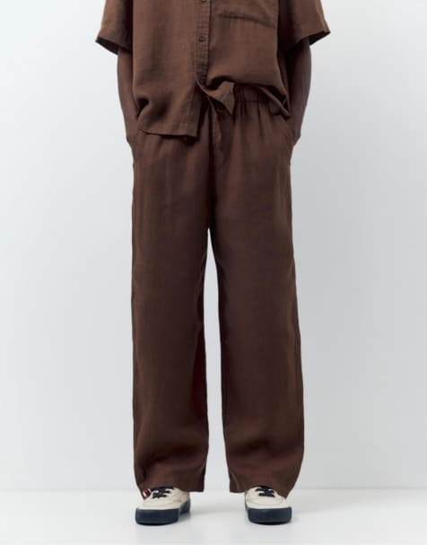 Pull&Bear 100% linen trousers in brown - view 1