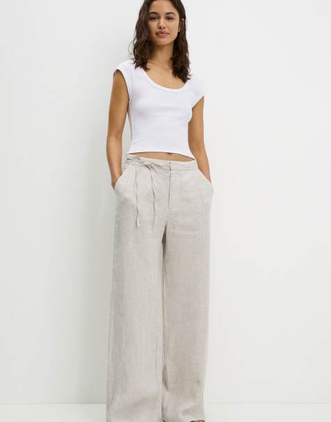 Pull&Bear 100% linen trousers in tan - view 1