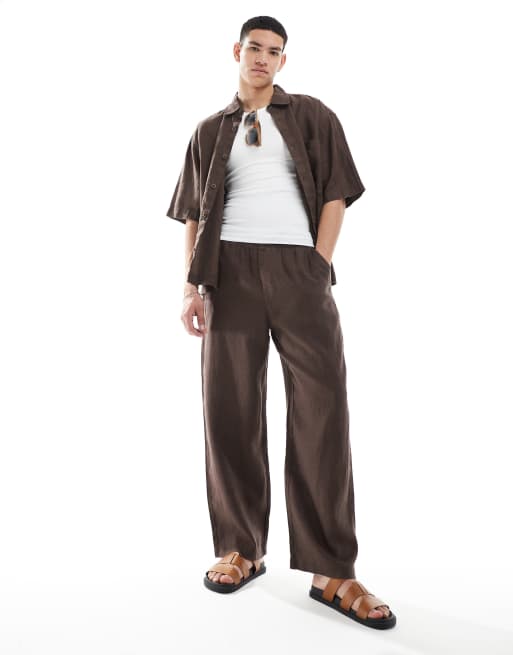 Pull&Bear 100% linen wide leg co-ord trouser in brown 