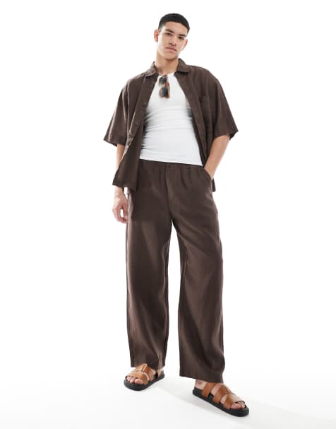 Pull&Bear 100% linen wide leg co-ord trouser in brown - view 1