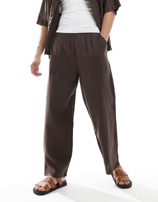 Pull&Bear 100% linen wide leg pants in brown - part of a set 