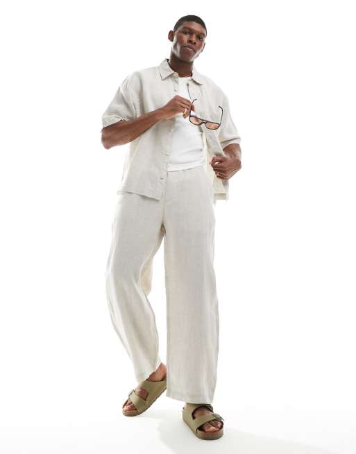 Pull&Bear 100% linen wide leg pants in natural - part of a set 
