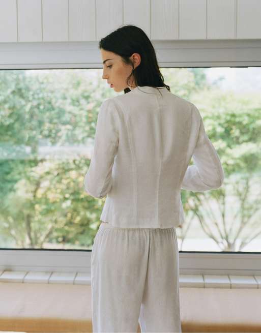 Pull&Bear 100% linnen jack met knopen in wit, 2 van 6